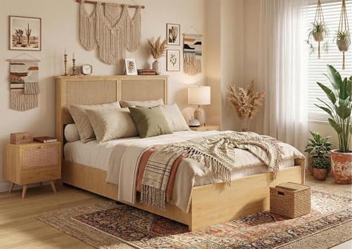 coucheta Rattan Bed Frame Queen with Natural Rattan Headboard