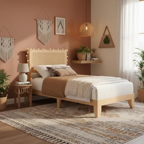 coucheta Rattan Bed Frame Twin with Natural Rattan Headboard